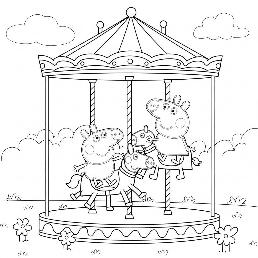 Desenho da Peppa Pig e o George em um Carrossel para Colorir