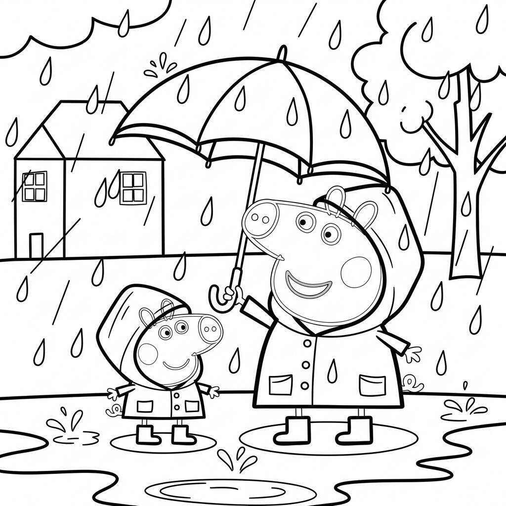 Desenho da Peppa Pig e o George em um Dia de Chuva para Colorir