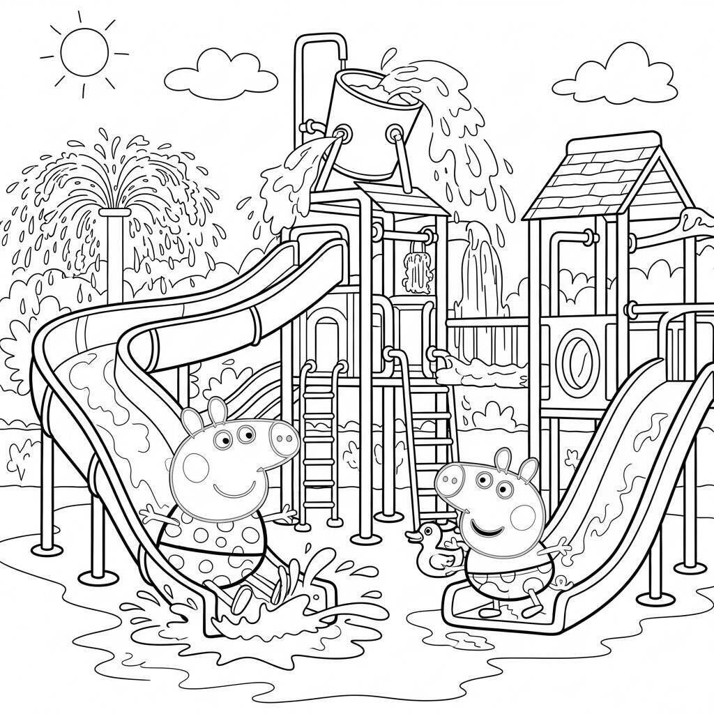 Desenho da Peppa Pig e o George em um Dia de Sol no Parque Aquático para Colorir