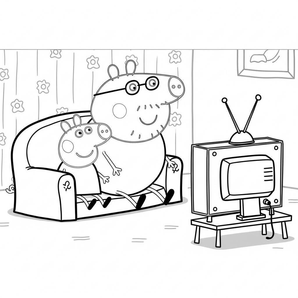 Desenho da Peppa Pig e o Papai Pig Assistindo TV para Colorir