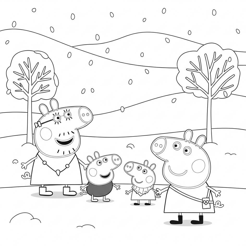 Desenho da Peppa Pig e os Amigos em um Dia de Neve para Colorir