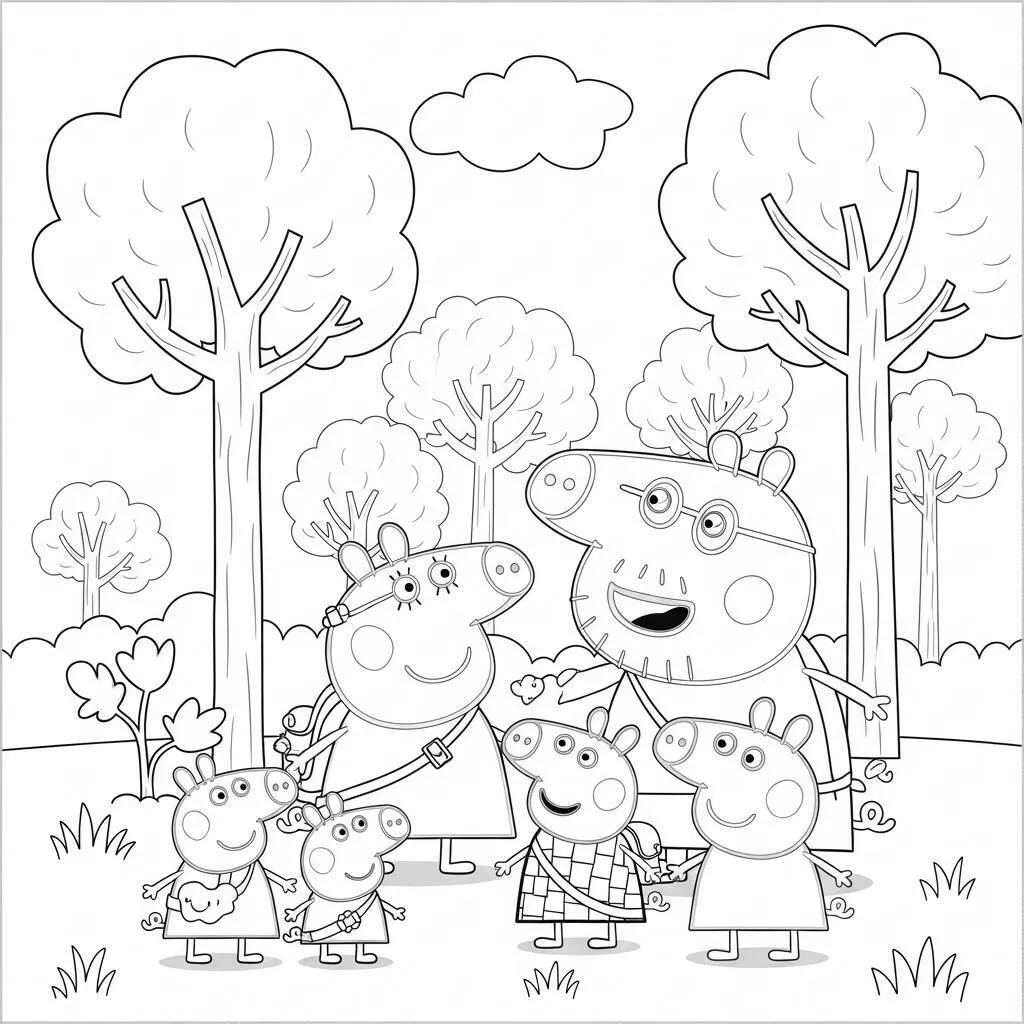 Desenho da Peppa Pig e os Amigos em uma Aventura na Floresta para Colorir