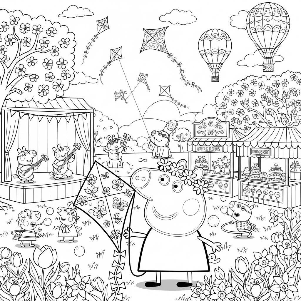 Desenho da Peppa Pig em um Festival de Primavera para Colorir