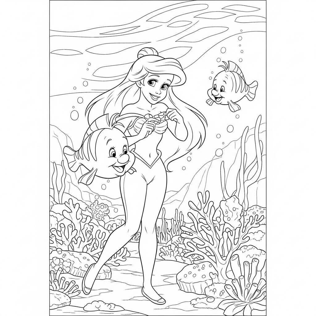 Desenho da Princesa Ariel e Flounder da Disney para Colorir