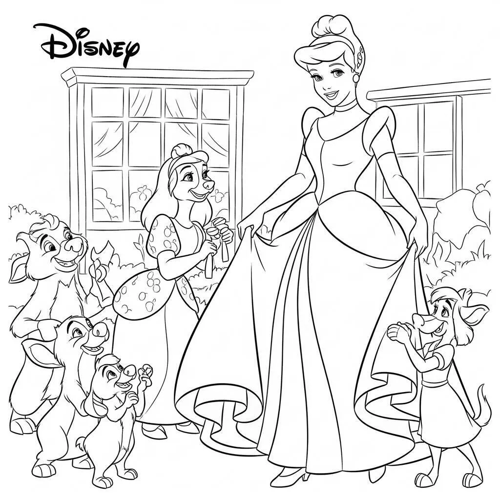 Desenho da Princesa Cinderella e os Animais da Disney para Colorir