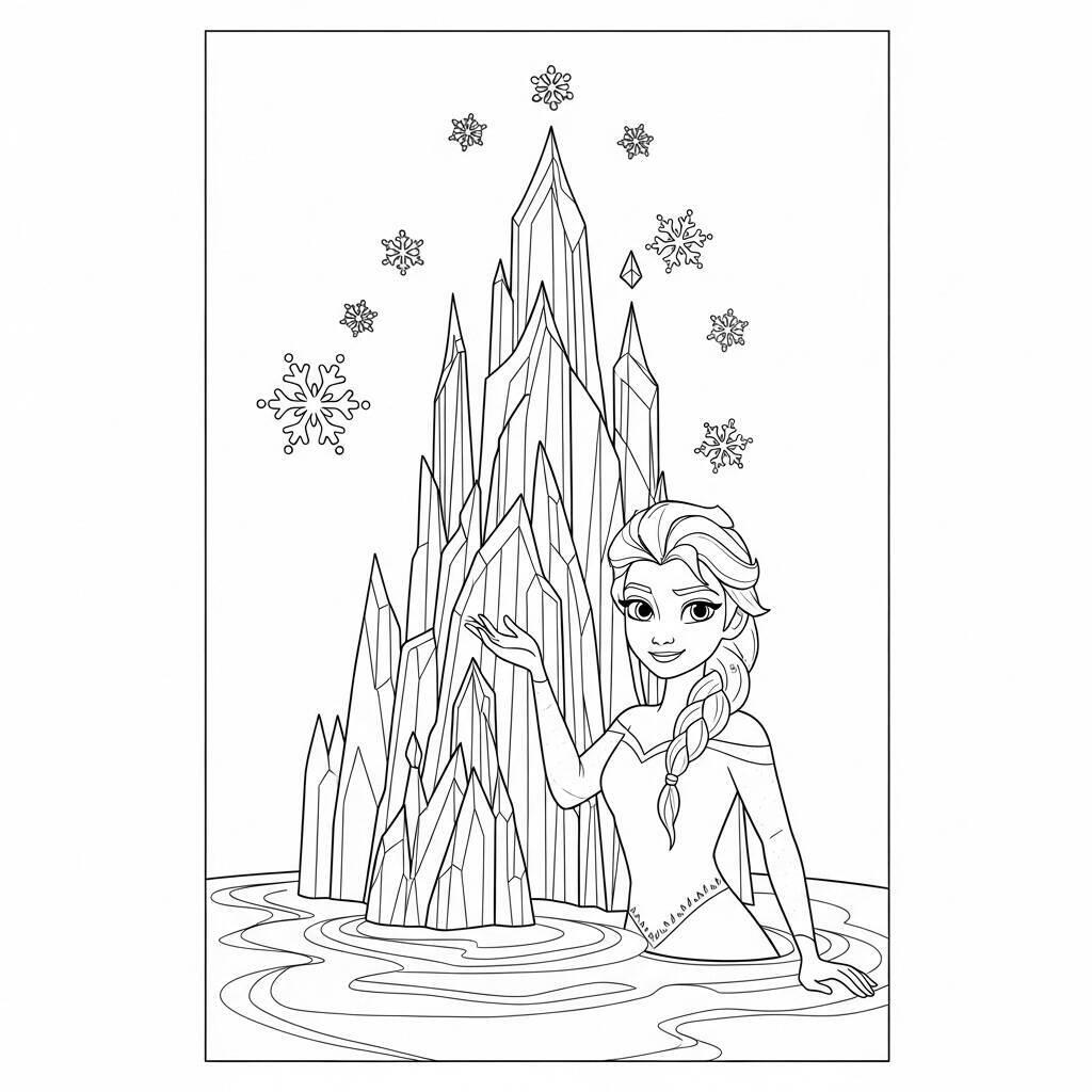 Desenho da Princesa Elsa criando um Castelo de Gelo da Disney para Colorir