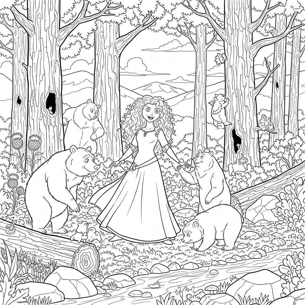 Desenho da Princesa Merida e os Irmãos Urso da Disney para Colorir