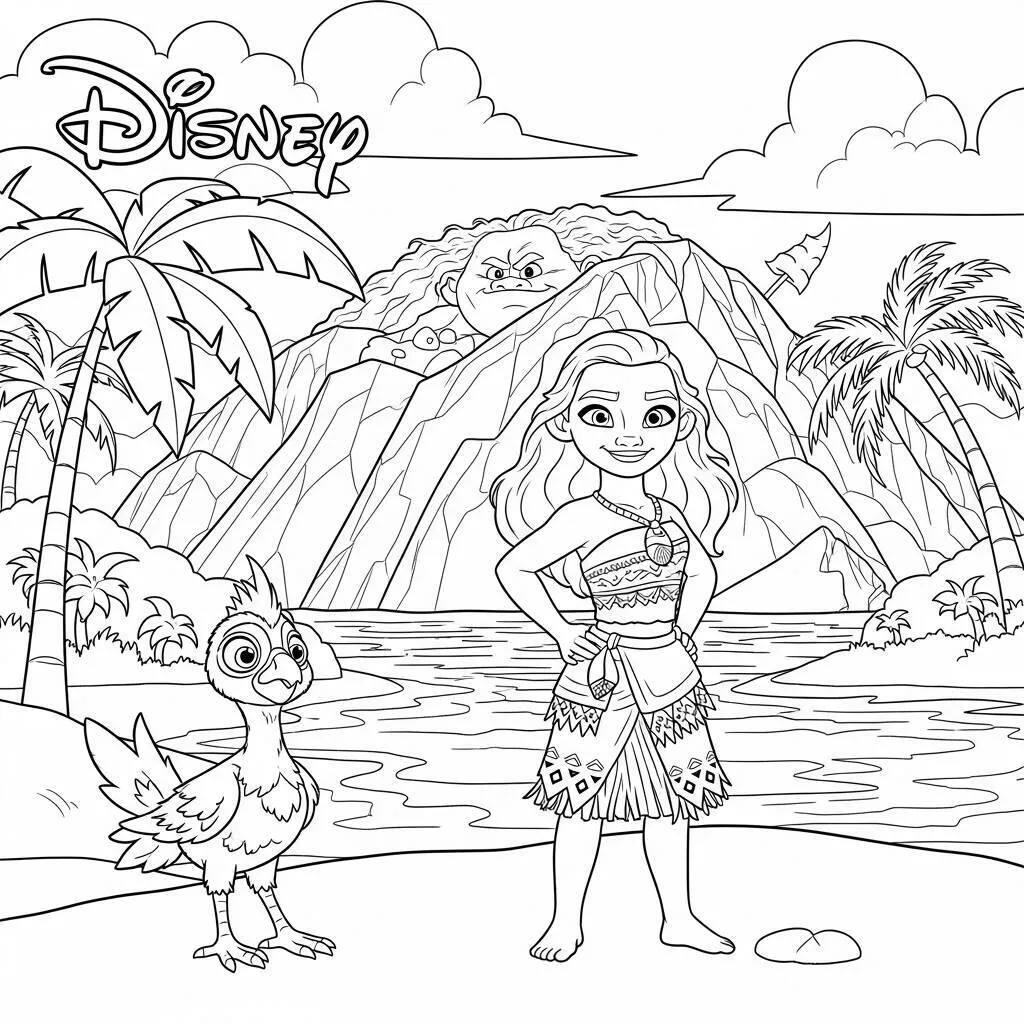Desenho da Princesa Moana e Heihei da Disney para Colorir