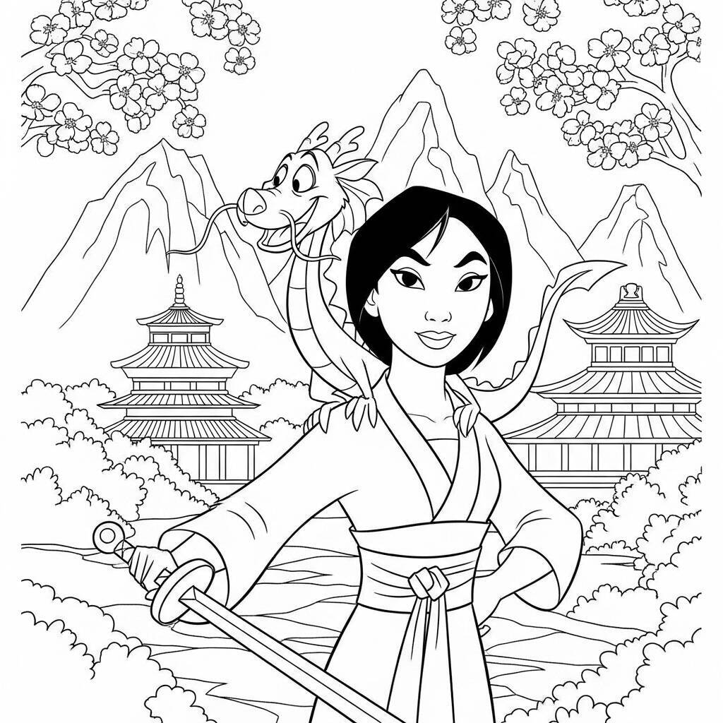 Desenho da Princesa Mulan e Mushu da Disney para Colorir