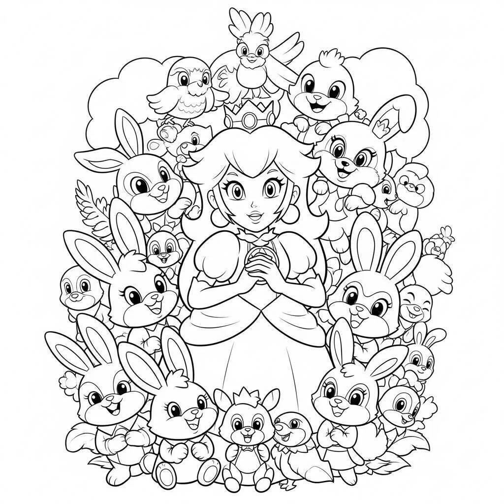 Desenho da Princesa Peach com Animais para Colorir
