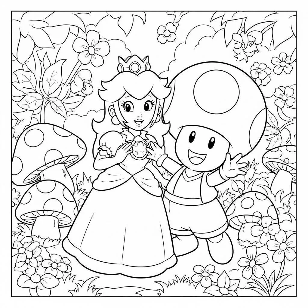 Desenho da Princesa Peach com Toad para Colorir