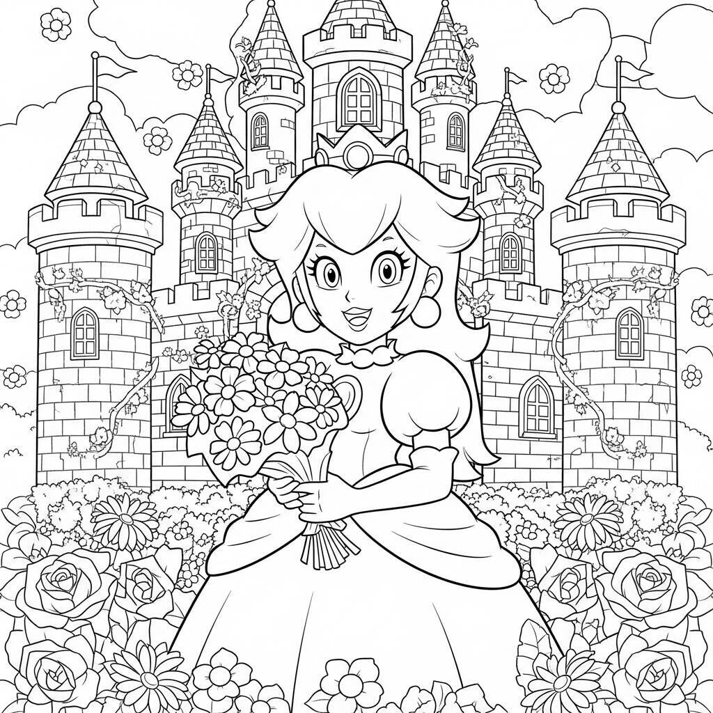 Desenho da Princesa Peach em um Castelo para Colorir