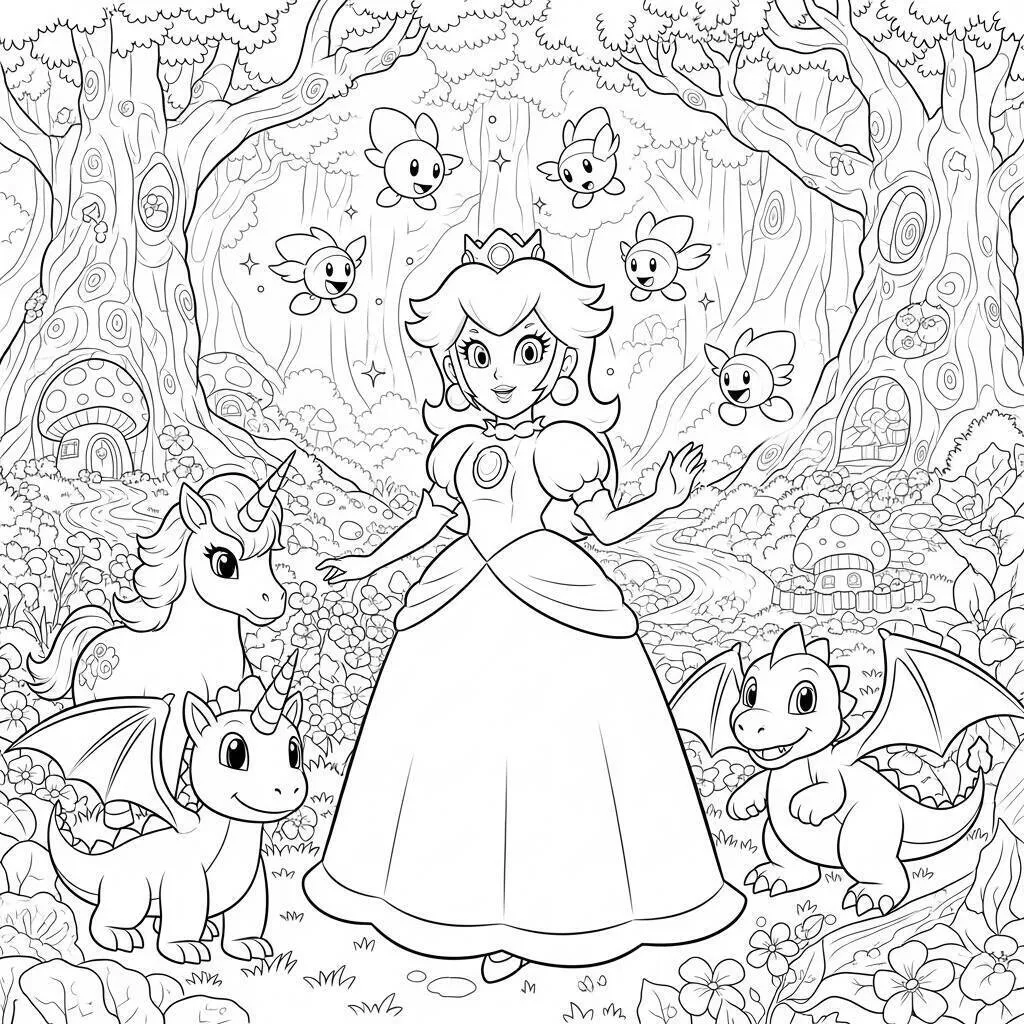 Desenho da Princesa Peach em um Mundo de Fantasia para Colorir