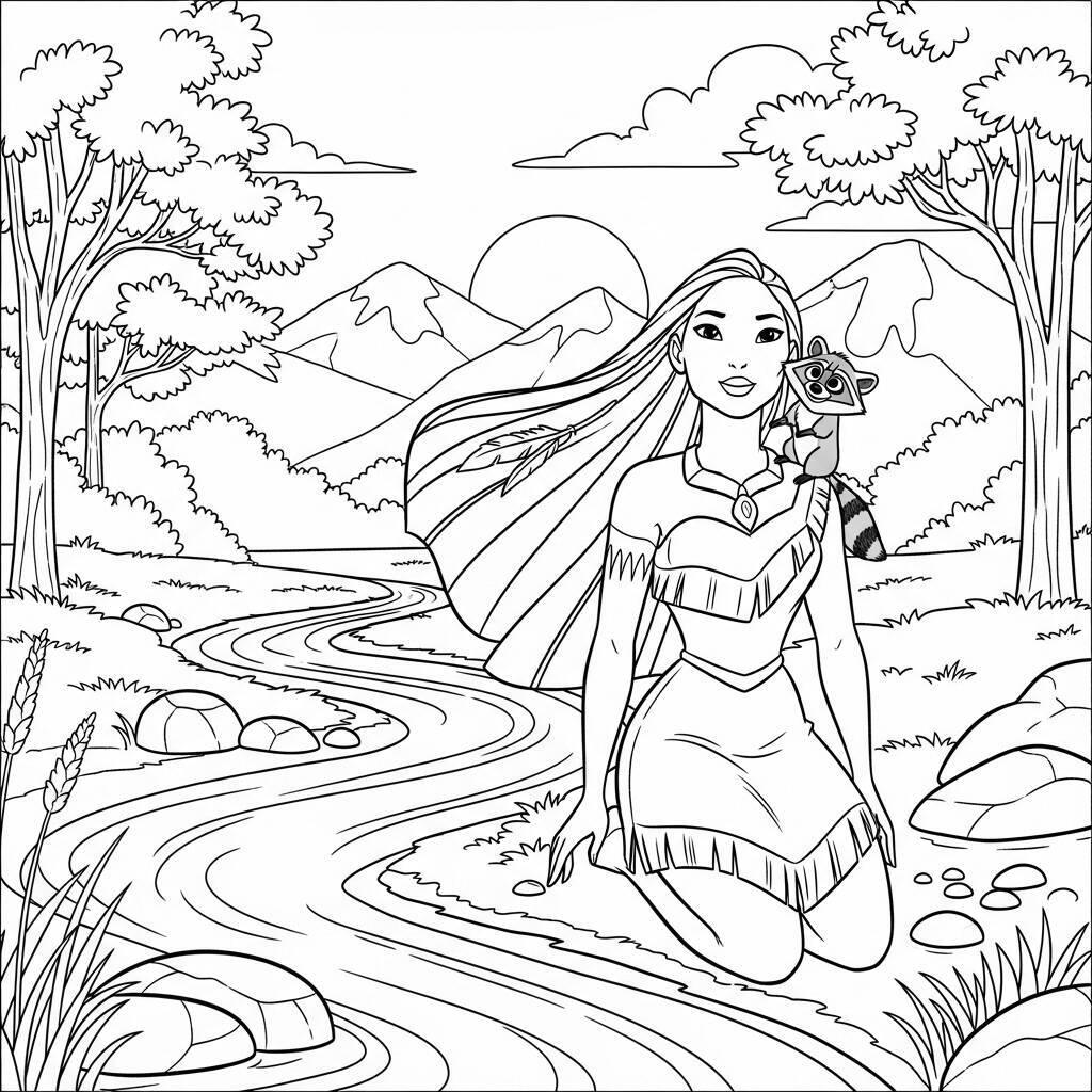 Desenho da Princesa Pocahontas e Meeko da Disney para Colorir