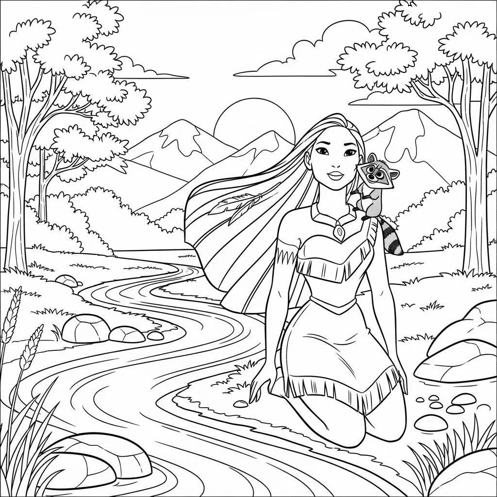 Desenho da Princesa Pocahontas e Meeko da Disney para Colorir