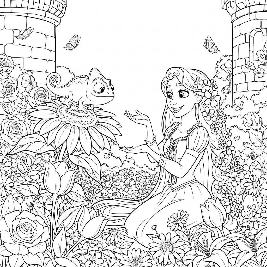 Desenho da Princesa Rapunzel e Pascal da Disney para Colorir