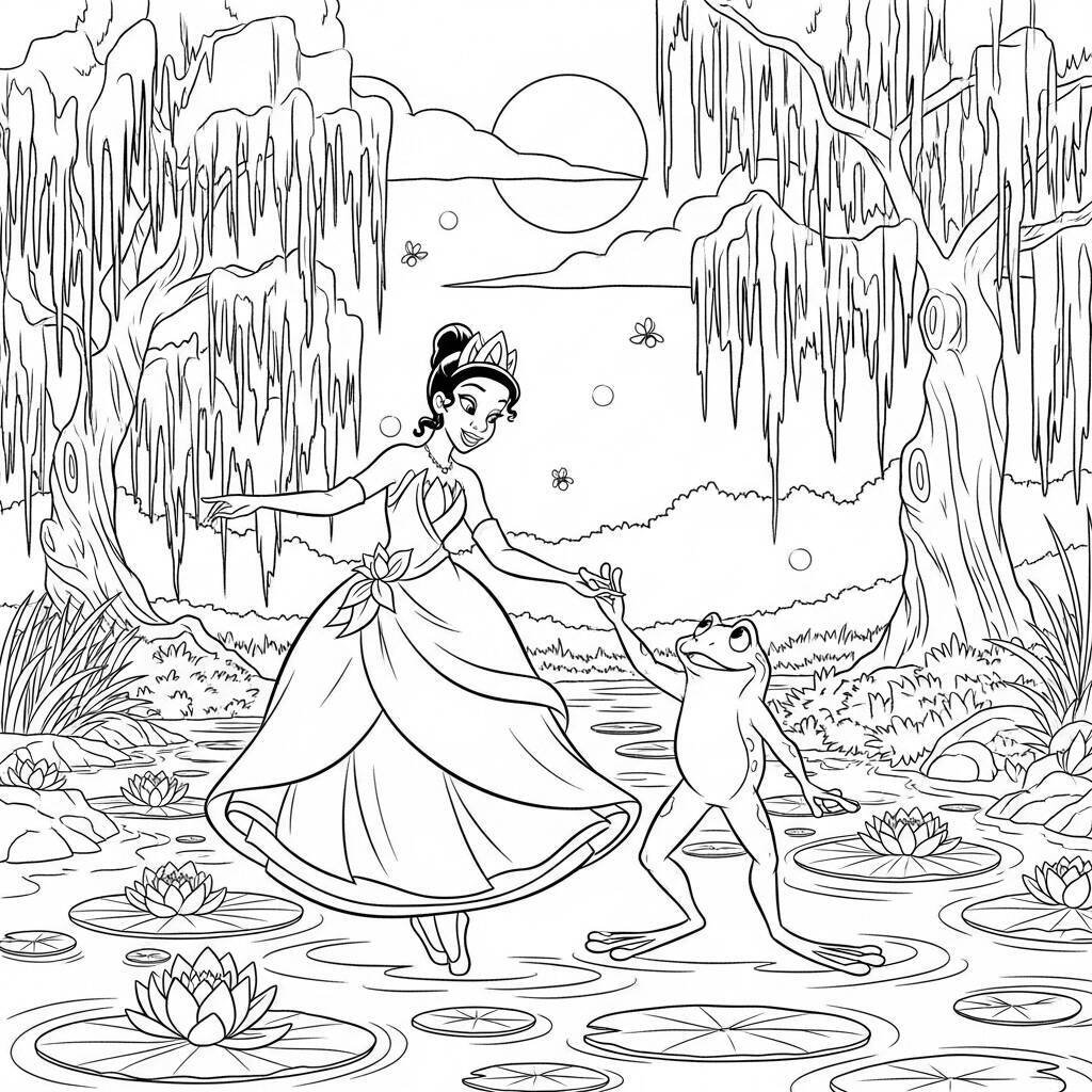 Desenho da Princesa Tiana dançando com o Sapo da Disney para Colorir