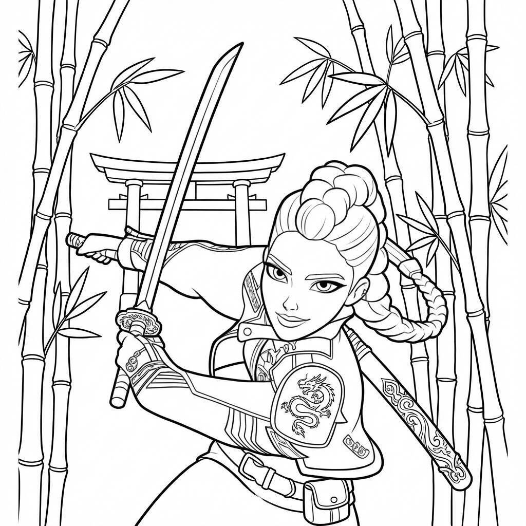 Desenho da Rumi com espada e bambu para colorir