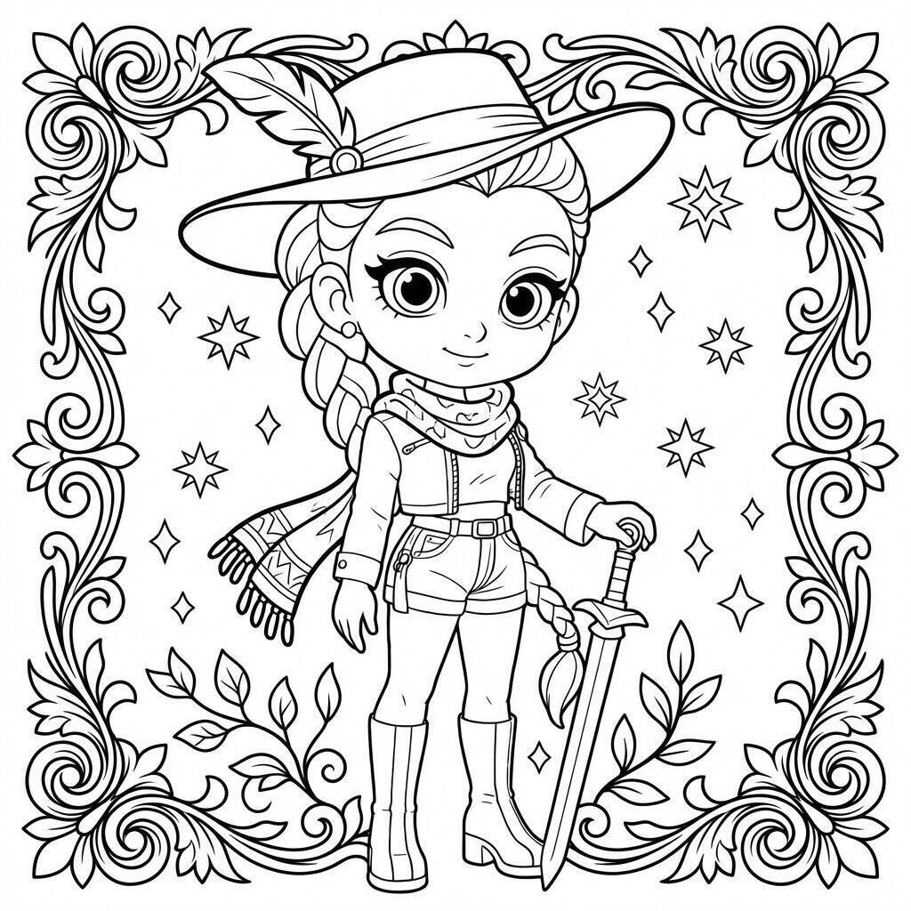 Desenho da Rumi com espada e chapéu para colorir