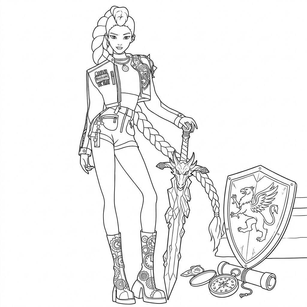 Desenho da Rumi com espada e escudo para colorir
