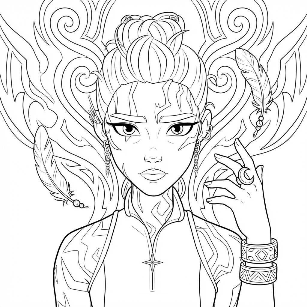 Desenho da Rumi com penas para colorir