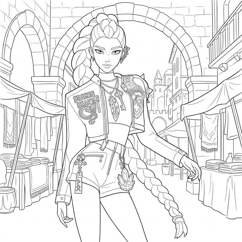 Desenho da Rumi em mercado medieval para colorir