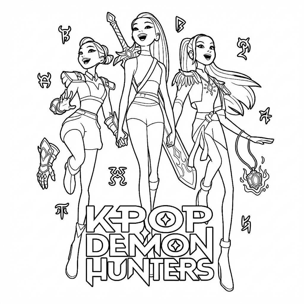 Desenho das Guerreiras do K-Pop caçando demônios para colorir