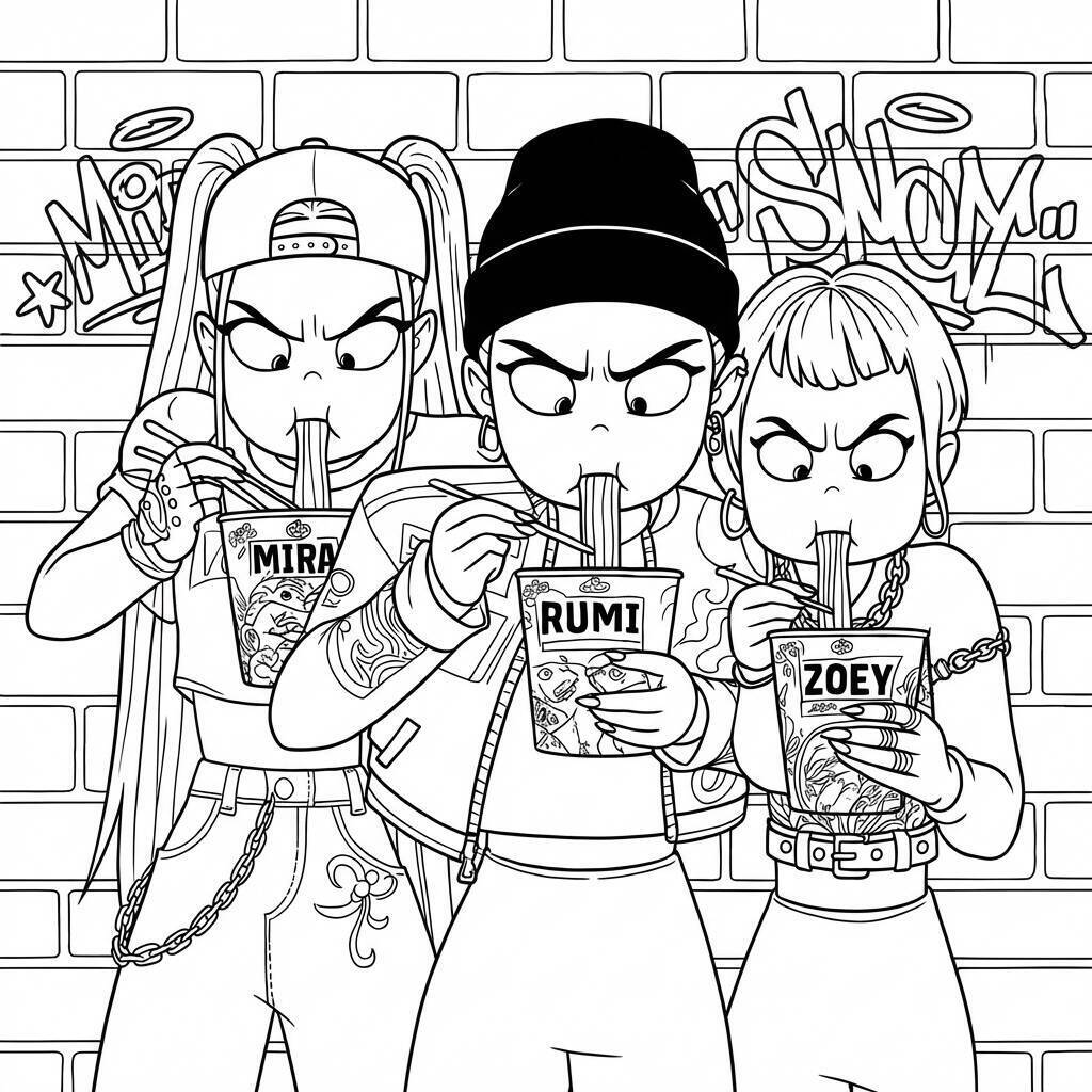 Desenho das Guerreiras do K-Pop com A Rumi, Zoey e Mira com macarrão para colorir
