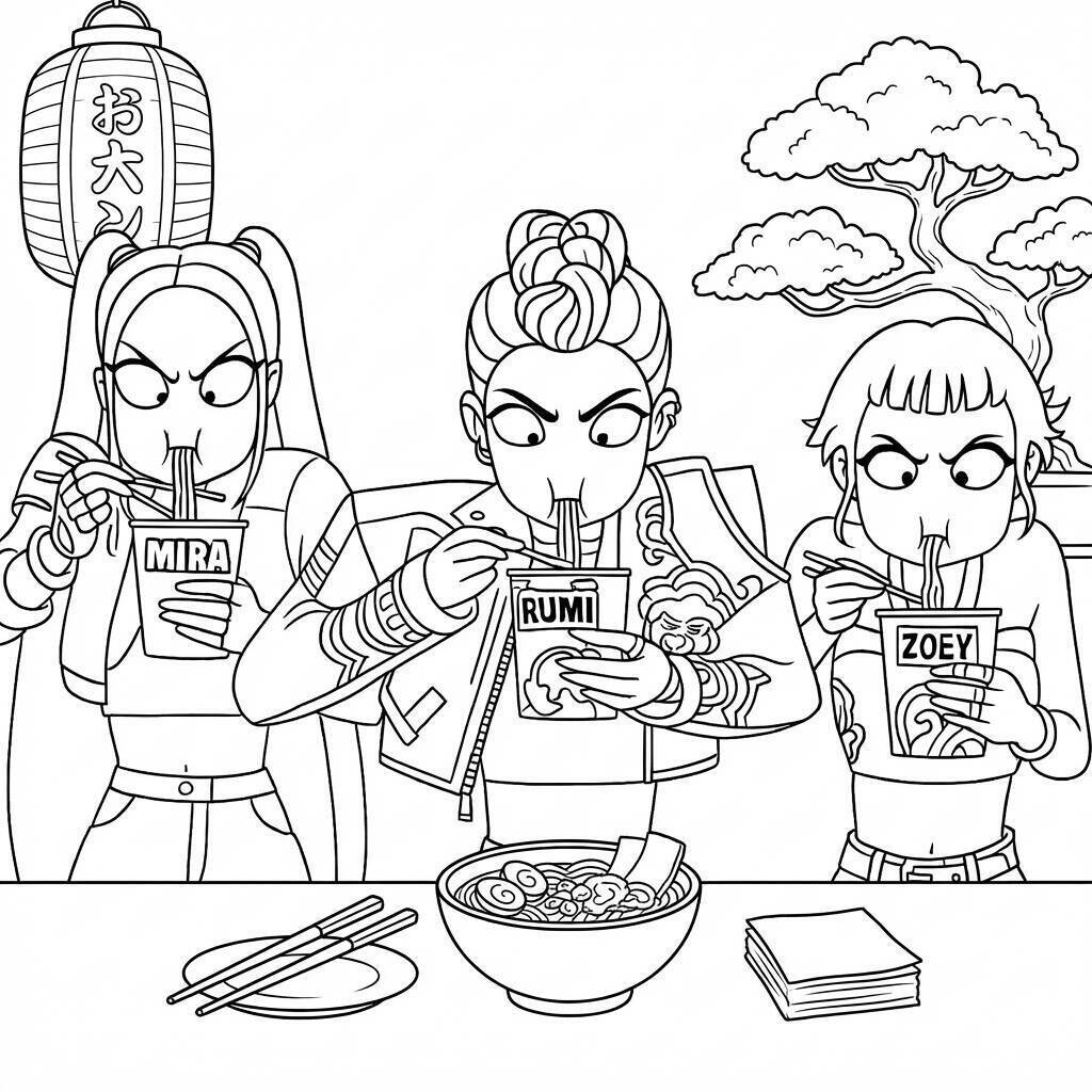 Desenho das Guerreiras do K-Pop com Mira, Rumi e Zoey saboreando noodles para colorir