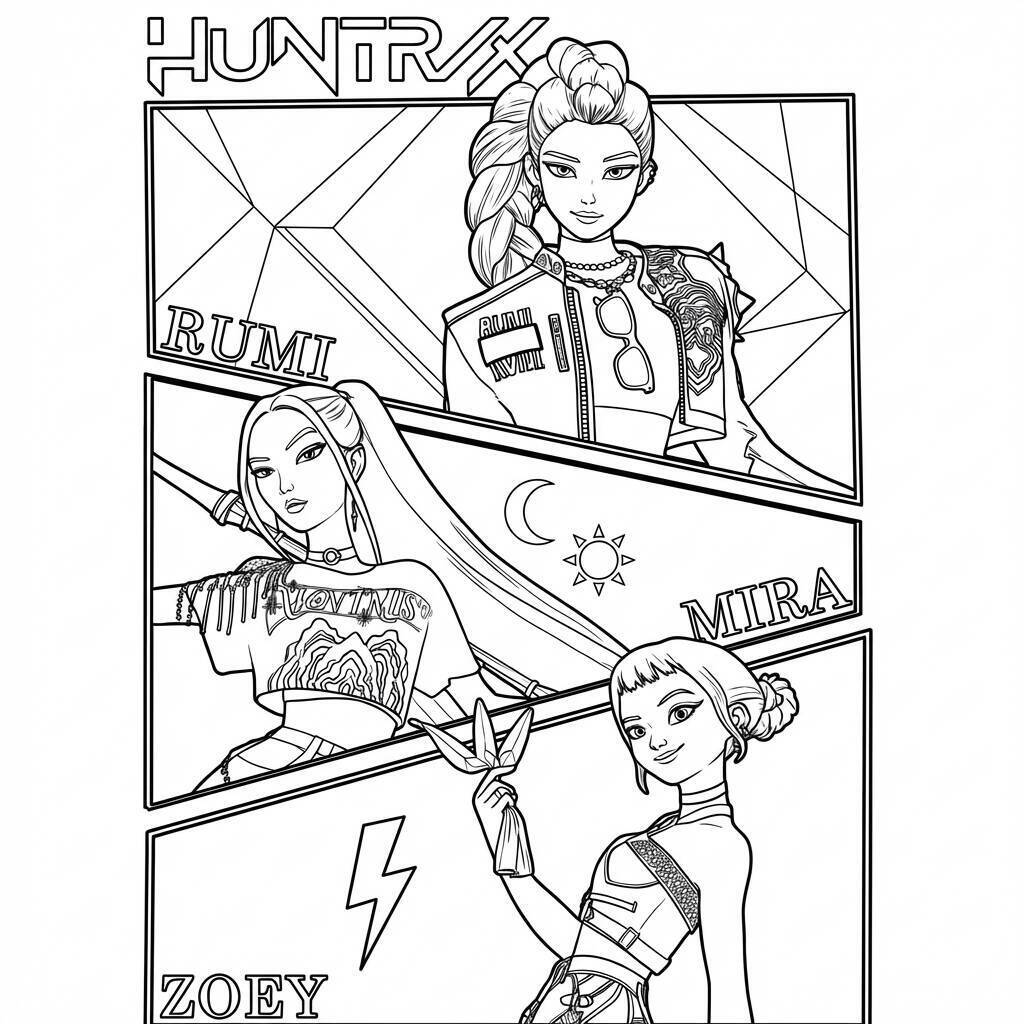 Desenho das Guerreiras do K-Pop com Rumi, Mira e Zoey para colorir