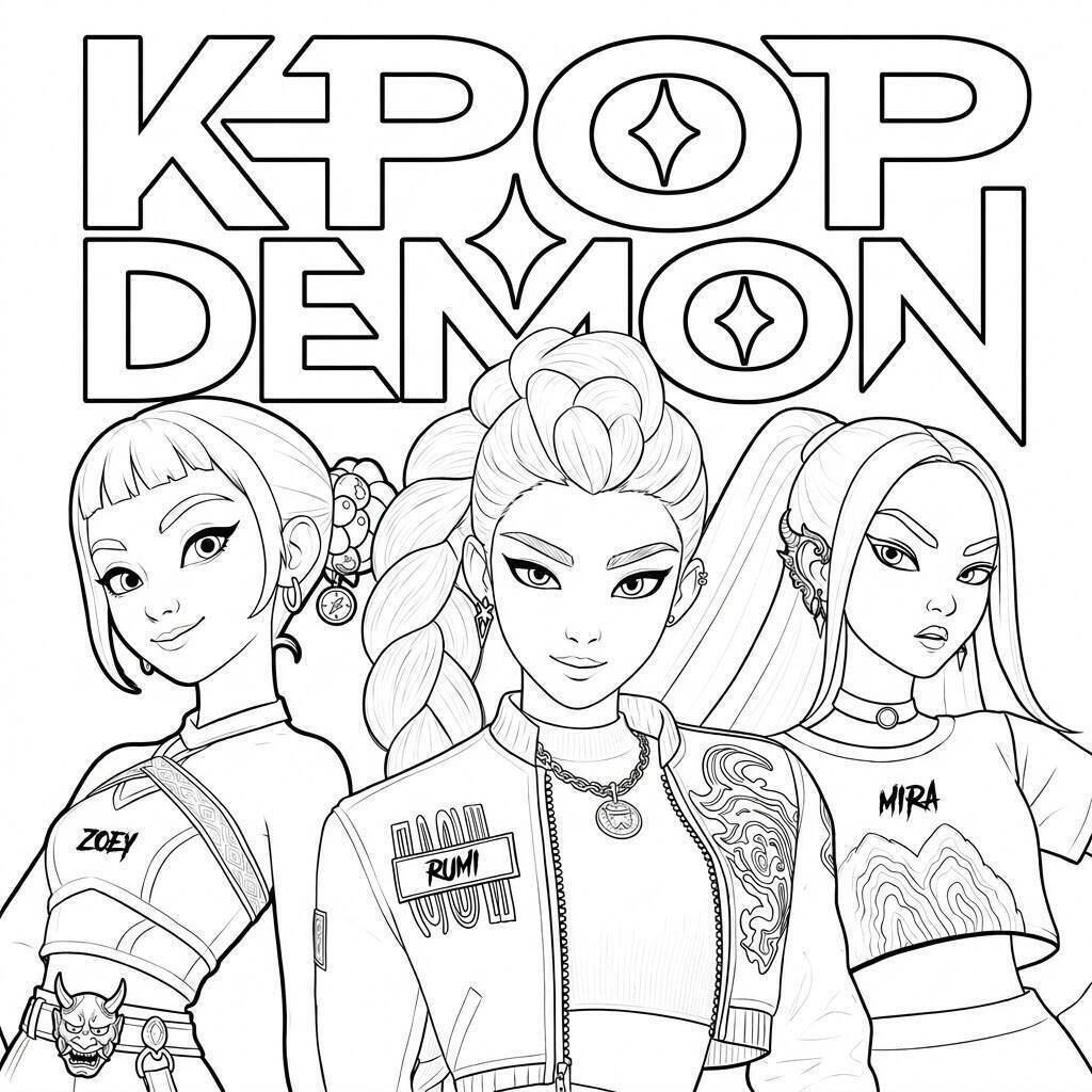 Desenho das Guerreiras do K-Pop com Rumi, Zoey e Mira para colorir