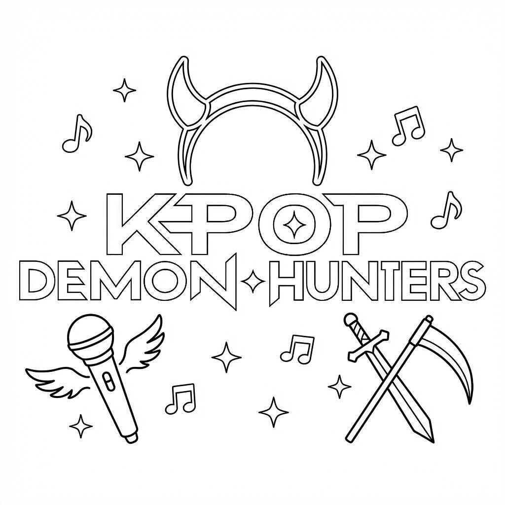 Desenho das Guerreiras do K-Pop com elementos de caçadoras para colorir