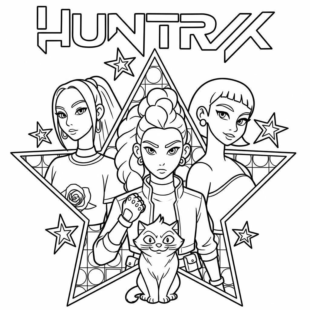Desenho das Guerreiras do K-Pop com estilo moderno para colorir