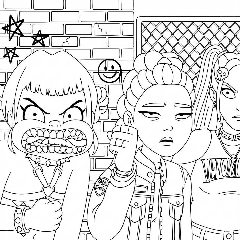 Desenho das Guerreiras do K-Pop com expressões fortes para colorir