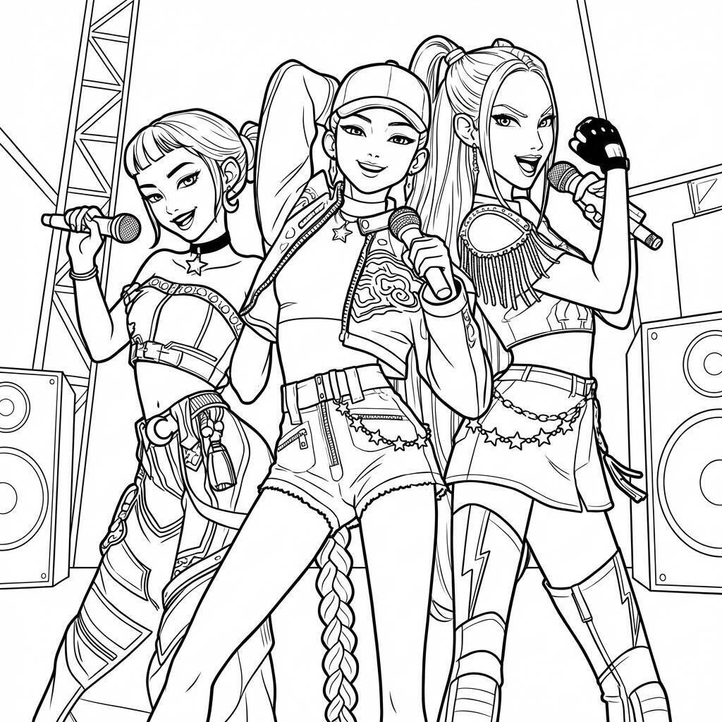 Desenho das Guerreiras do K-Pop com microfones para colorir