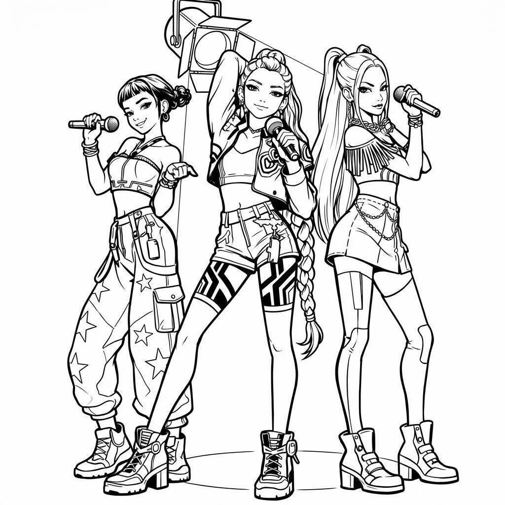 Desenho das Guerreiras do K-Pop com microfones para colorir