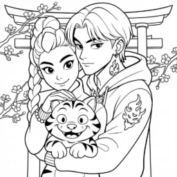 Desenho das Guerreiras do K-Pop com tigre para colorir