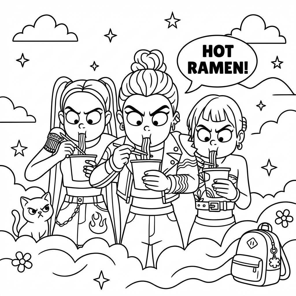 Desenho das Guerreiras do K-Pop comendo ramen para colorir