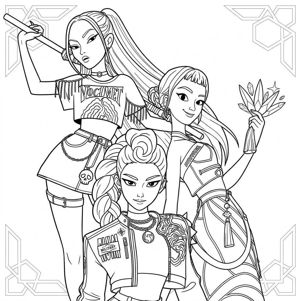Desenho das Guerreiras do K-Pop em ação para colorir