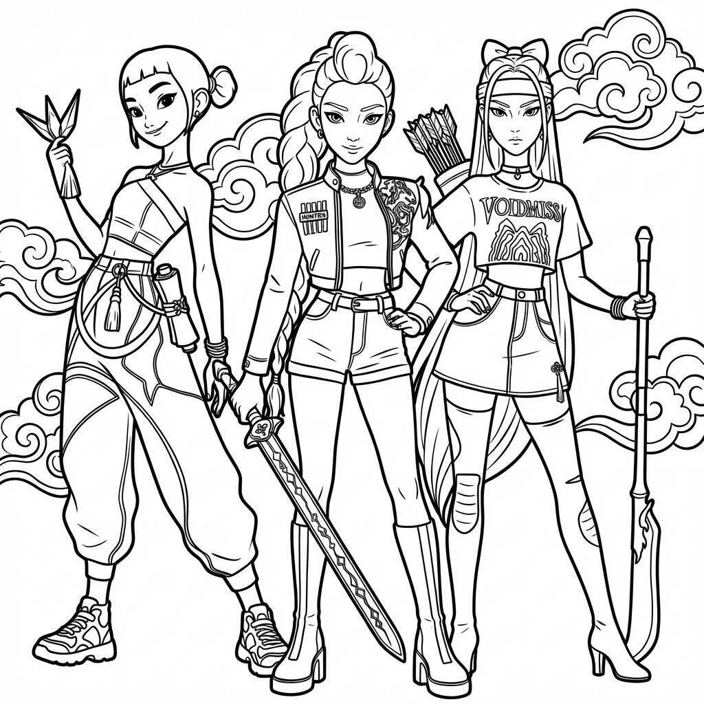 Desenho das Guerreiras do K-Pop em ação para colorir
