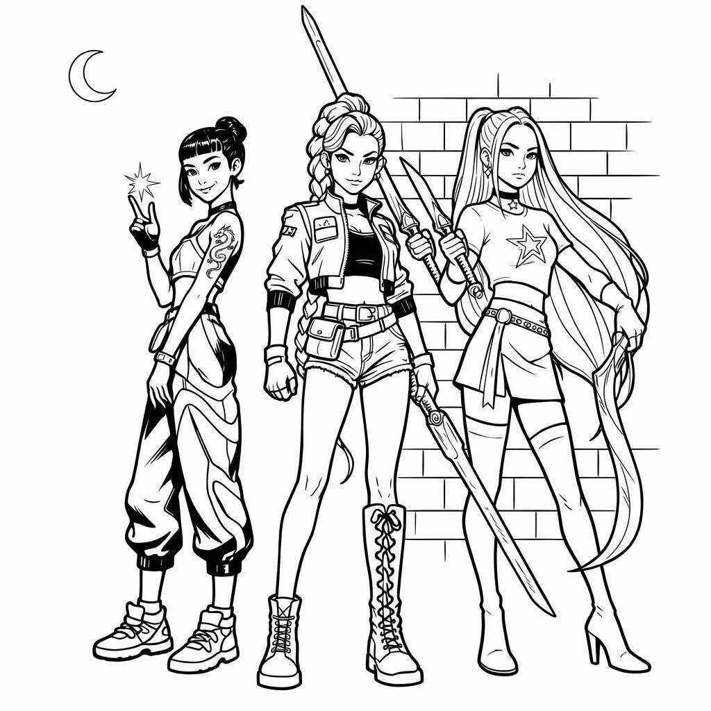 Desenho das Guerreiras do K-Pop em ação para colorir