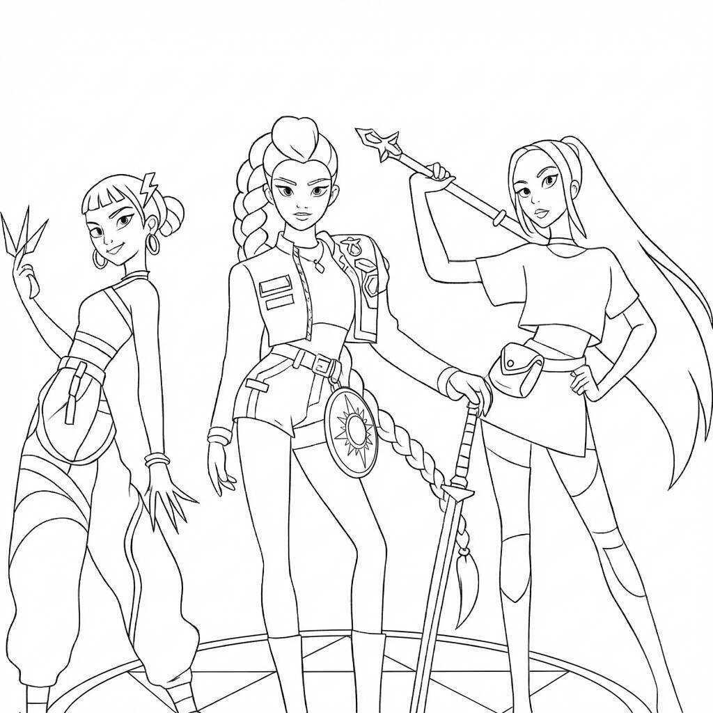 Desenho das Guerreiras do K-Pop em ação para colorir