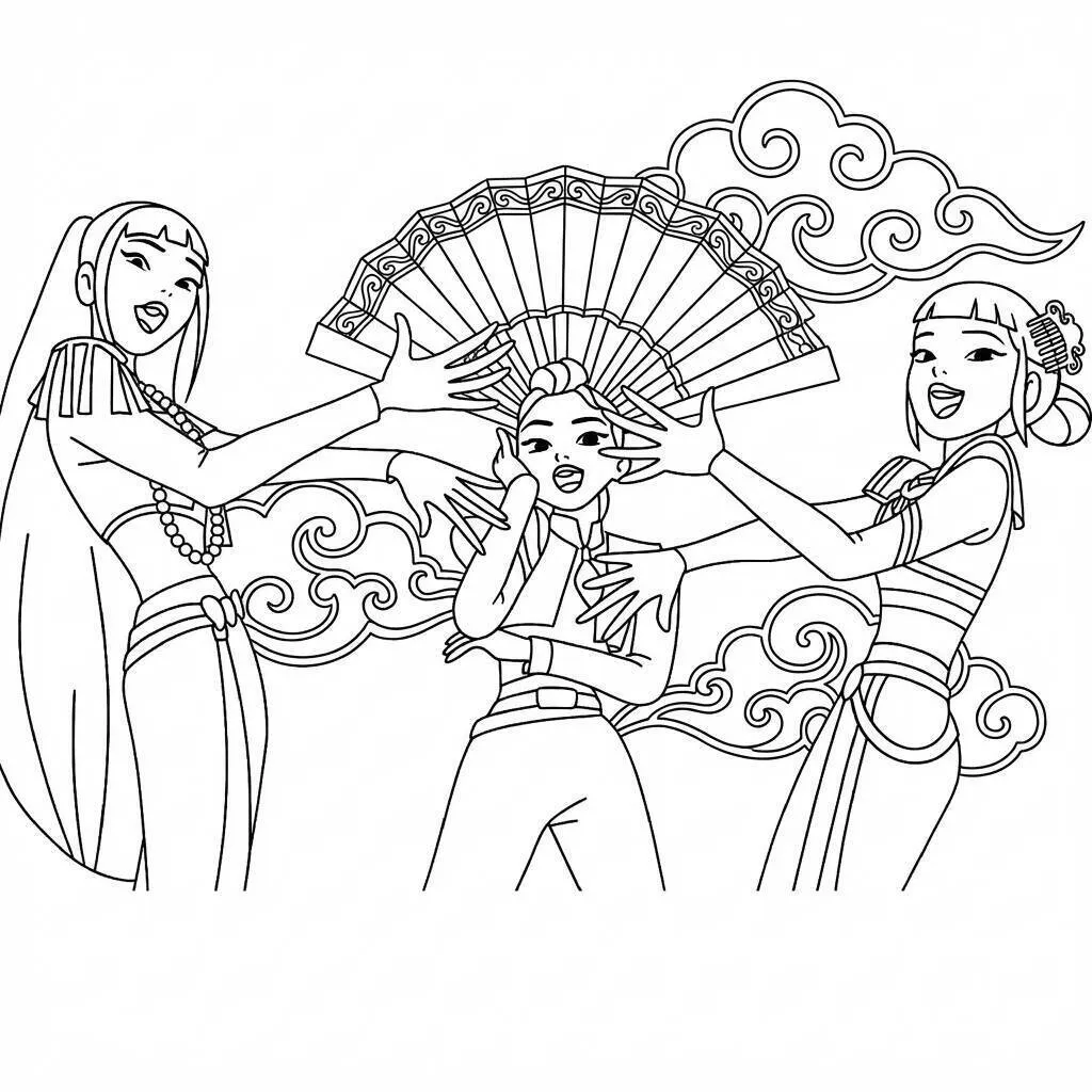 Desenho das Guerreiras do K-Pop em ação para colorir