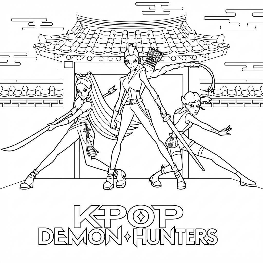 Desenho das Guerreiras do K-Pop em ação para colorir