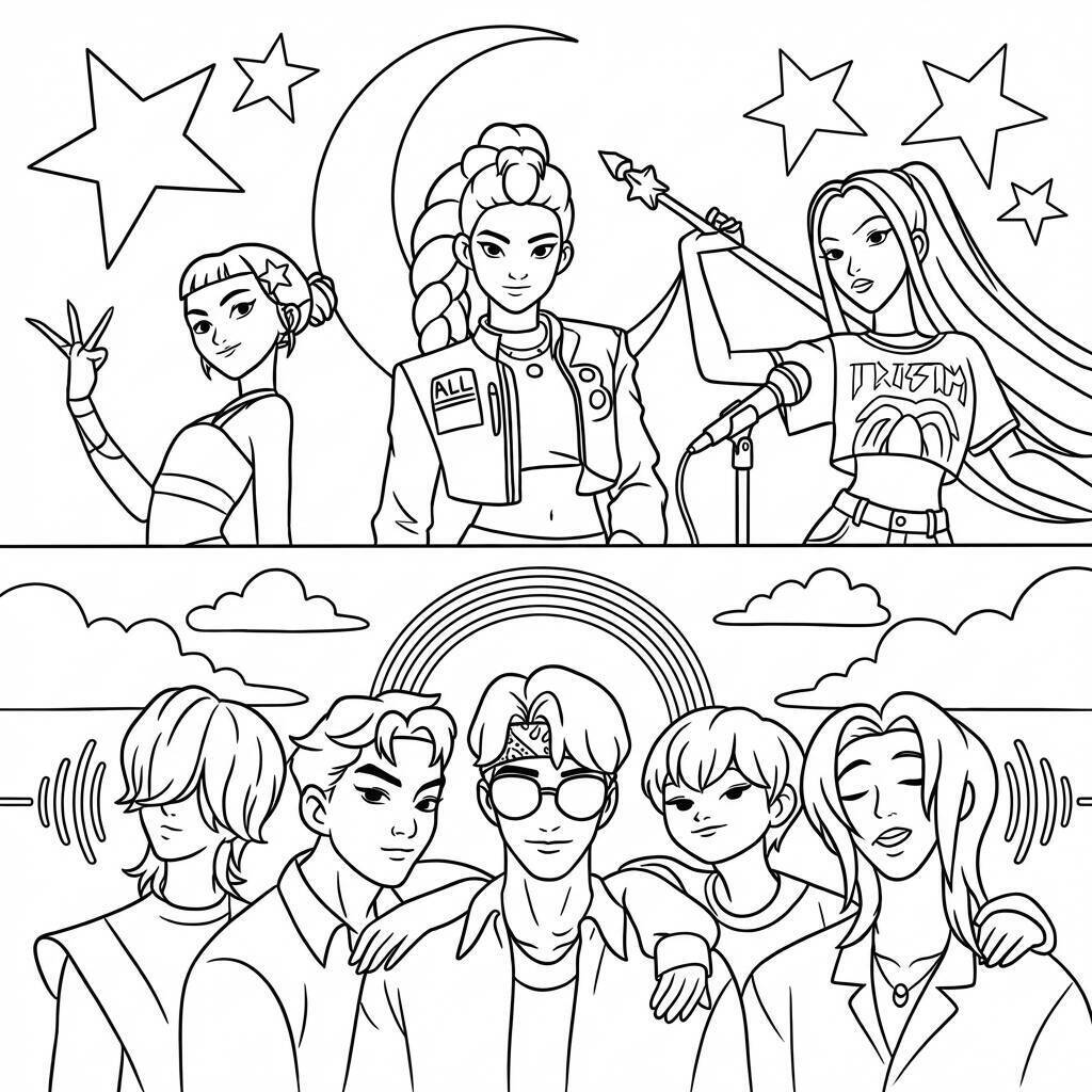 Desenho das Guerreiras do K-Pop em ação para colorir