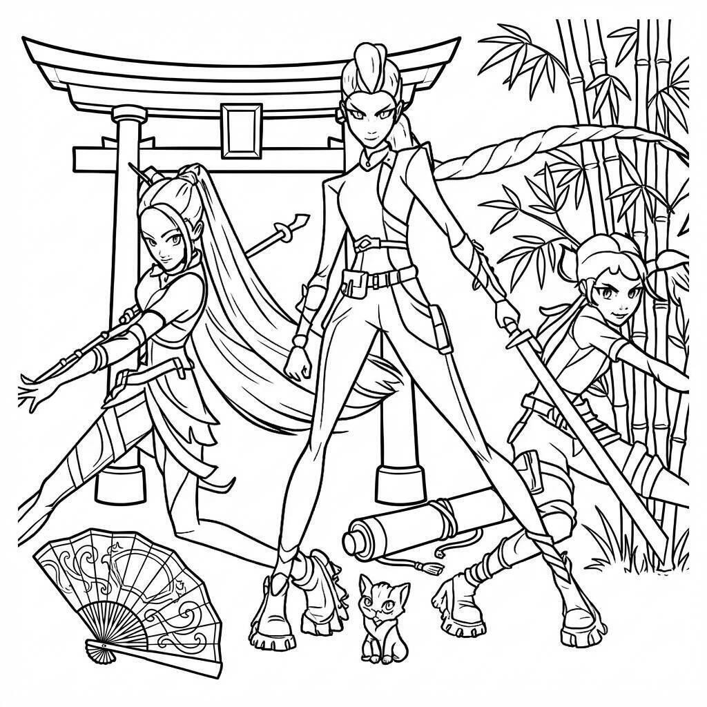 Desenho das Guerreiras do K-Pop em ação para colorir