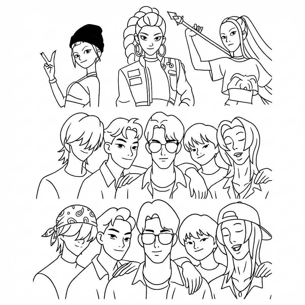 Desenho das Guerreiras do K-Pop em ação para colorir