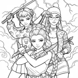 Desenho das Guerreiras do K-Pop em ação para colorir