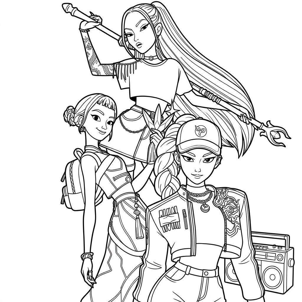 Desenho das Guerreiras do K-Pop em ação para colorir