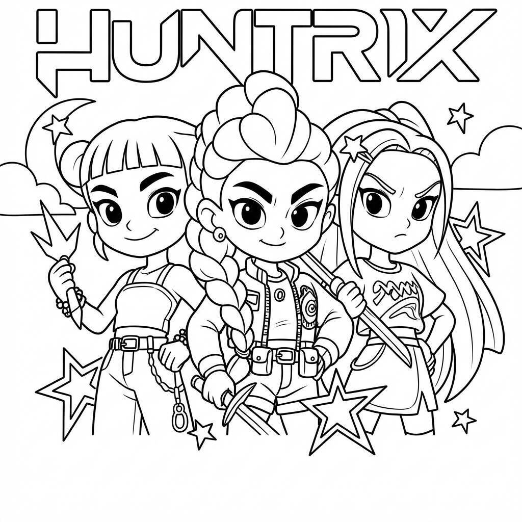 Desenho das Guerreiras do K-Pop em ação para colorir